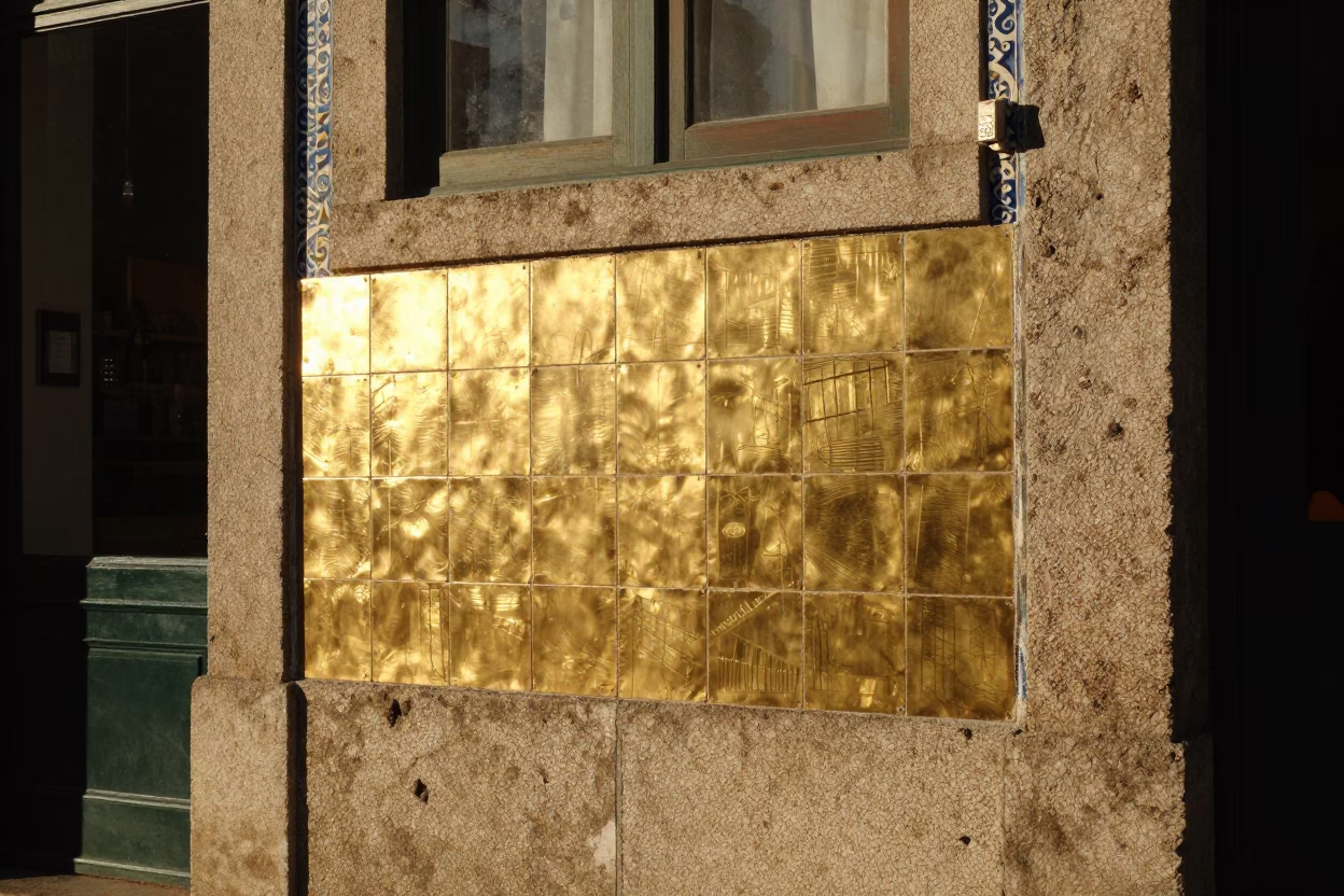 Late Afternoon Sunlight Illuminating Polished Brass Tile Details on Historic Porto Facade in in Porto, Portugal