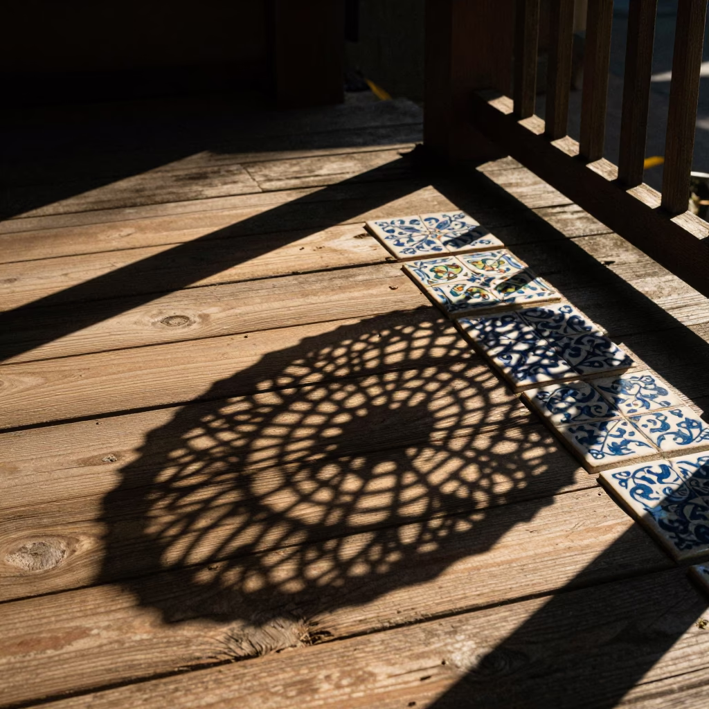 Late Afternoon Sunlight Illuminating Wicker Shadow and Ceramic Tiles on Portland Oregon Porch in in Portland, Oregon, United States