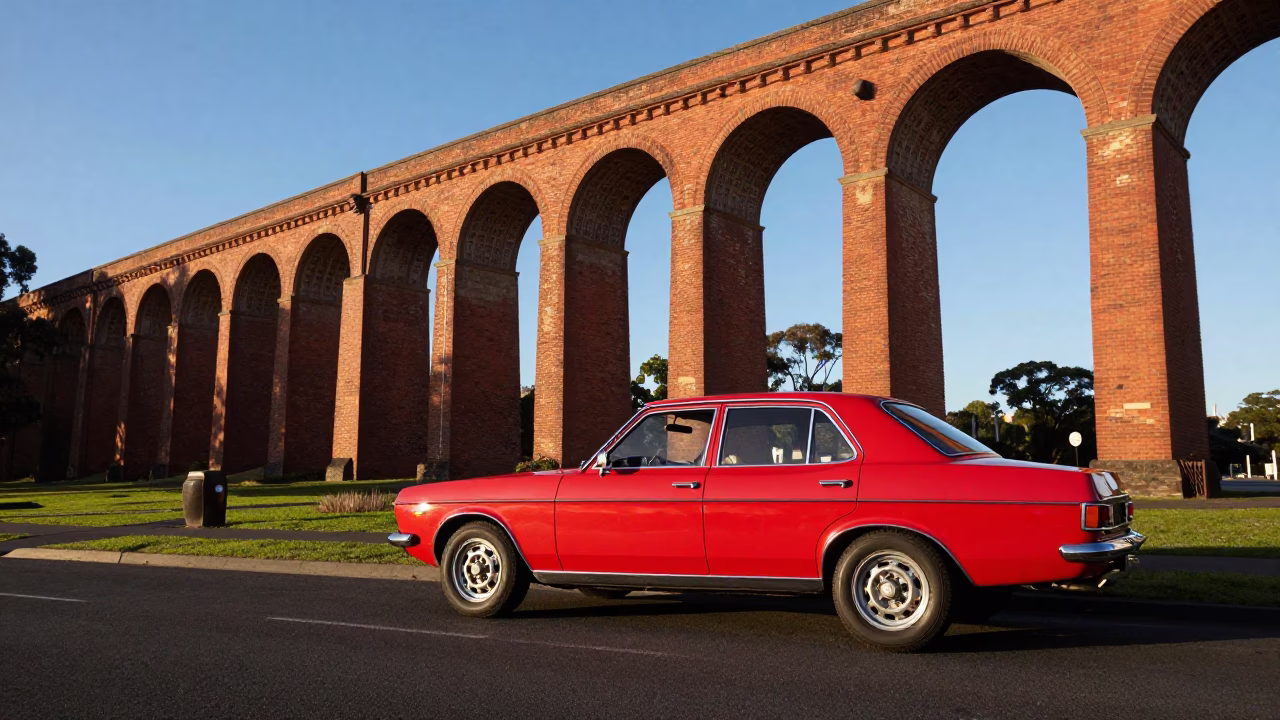 Late Afternoon Sunlight on a Classic Red Car Parked Near Adelaide Railway Viaduct Arches in in Adelaide, South Australia, Australia