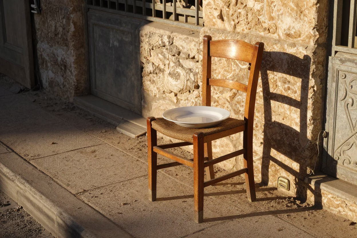 Late Afternoon Sunlight on Amman Street Chair and Plate with Urban Background in in Amman, Jordan