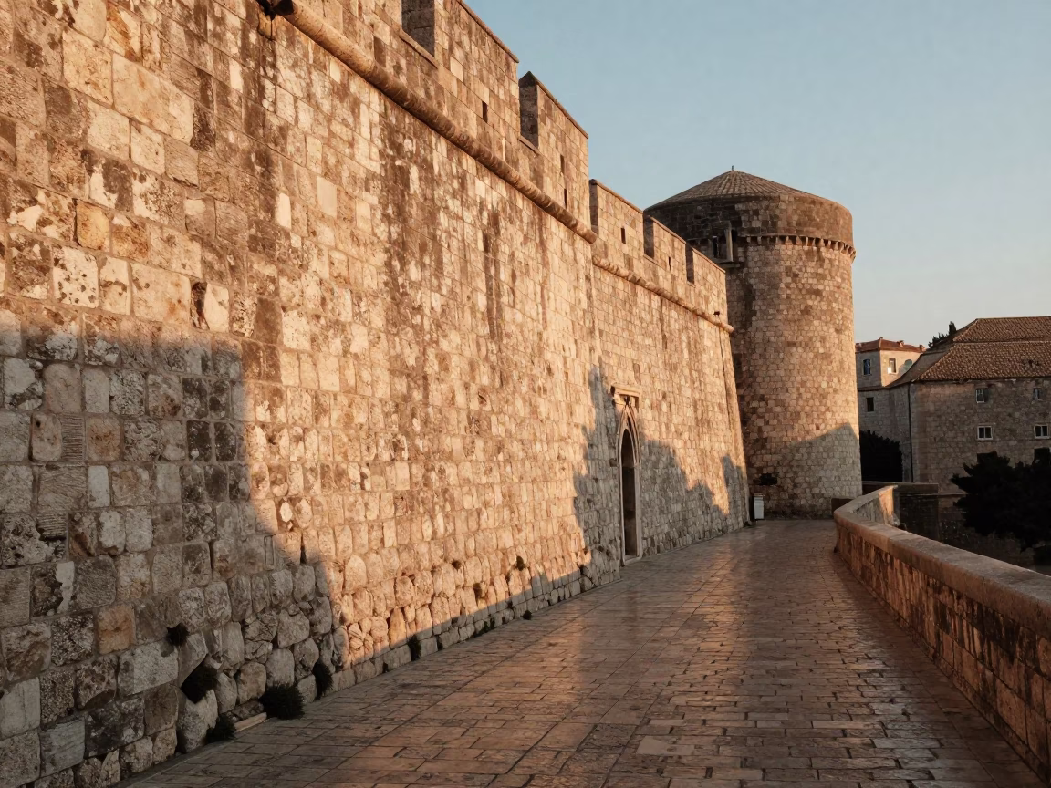 Late Afternoon Sunlight on Ancient Dubrovnik Stone Walls and Narrow Cobblestone Alleyway in in Dubrovnik, Croatia