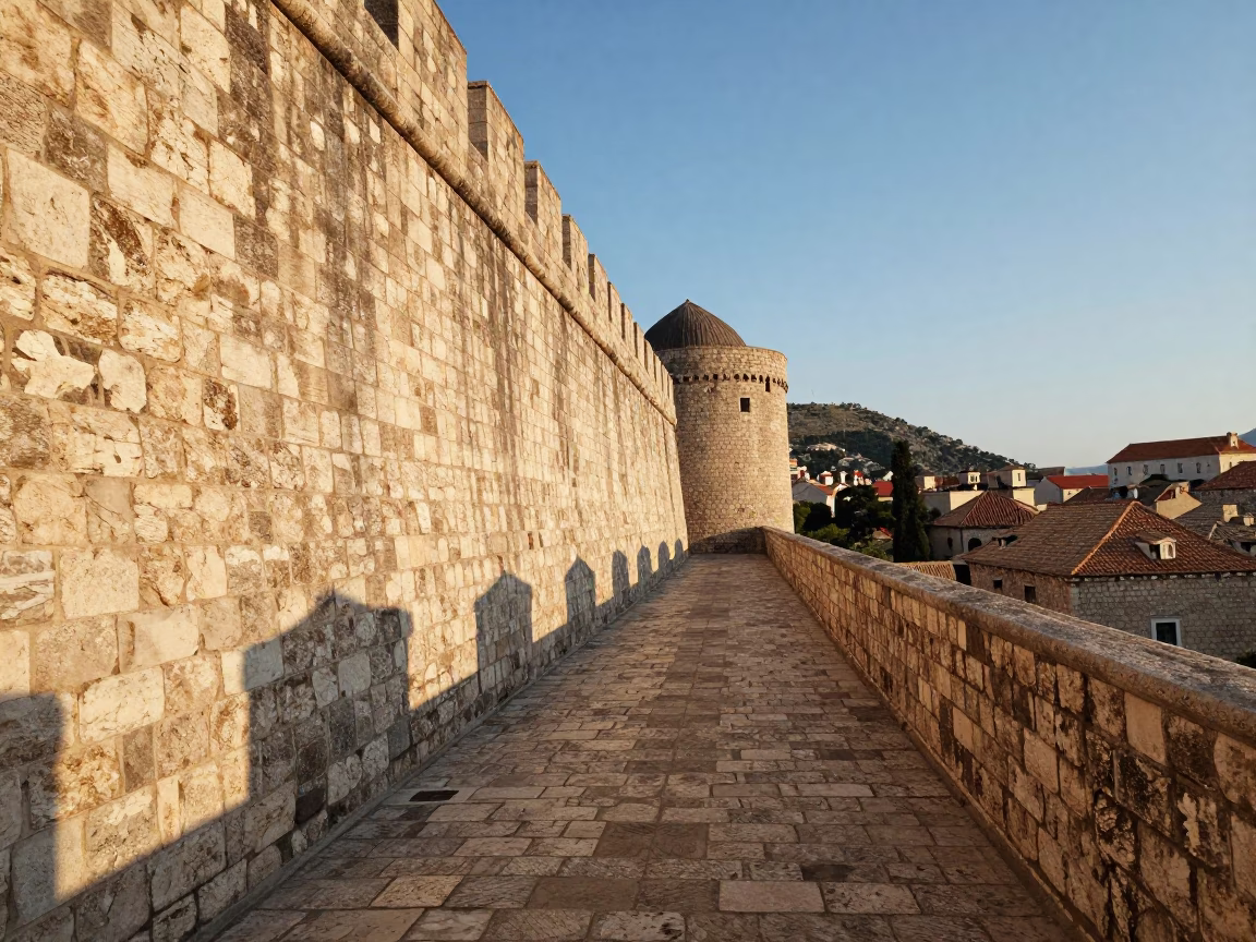Late Afternoon Sunlight on Ancient Stone Walls and Cobblestone Streets in Dubrovnik Croatia in in Dubrovnik, Croatia