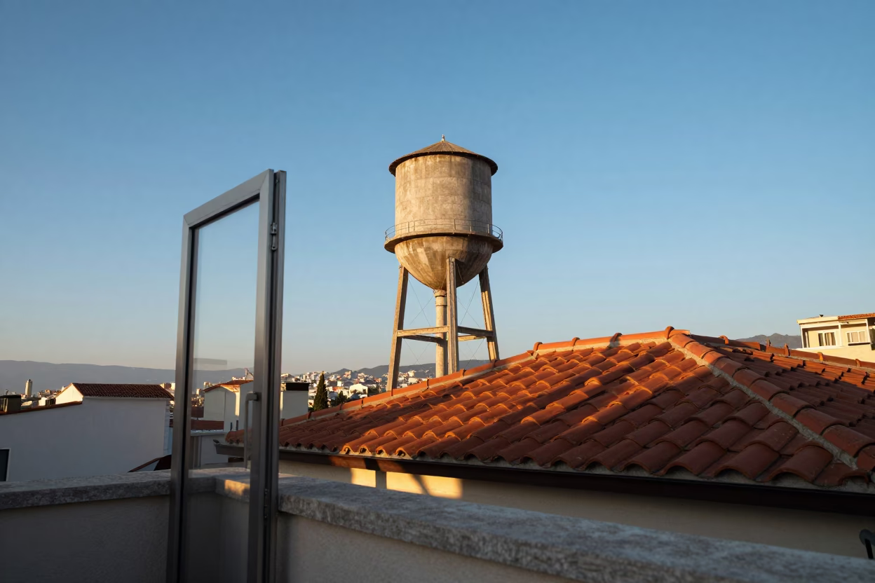 Late Afternoon Sunlight on Athens Rooftop Water Tower and Brushed Steel Doorframe in in Athens, Greece