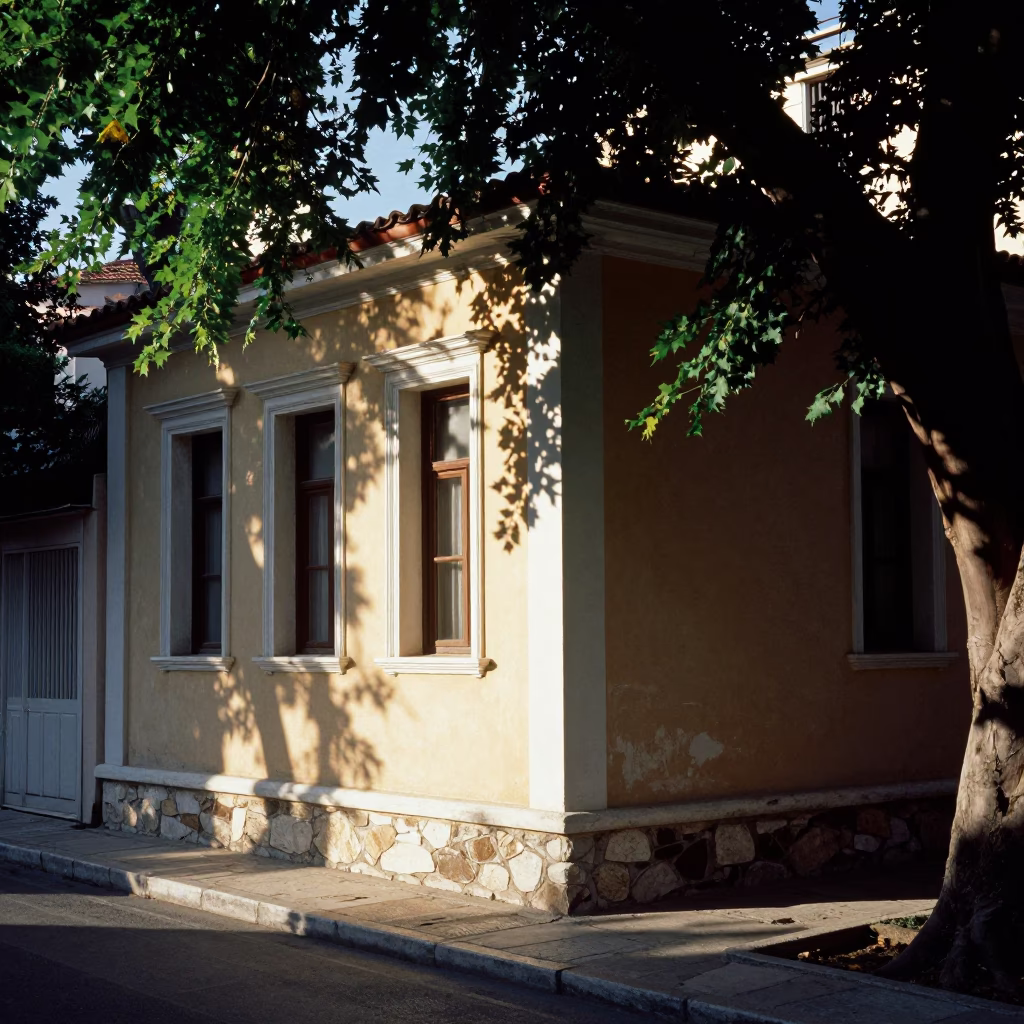 Late Afternoon Sunlight on Athens Street Corner with Leaf Shadows and Vintage Details in in Athens, Greece