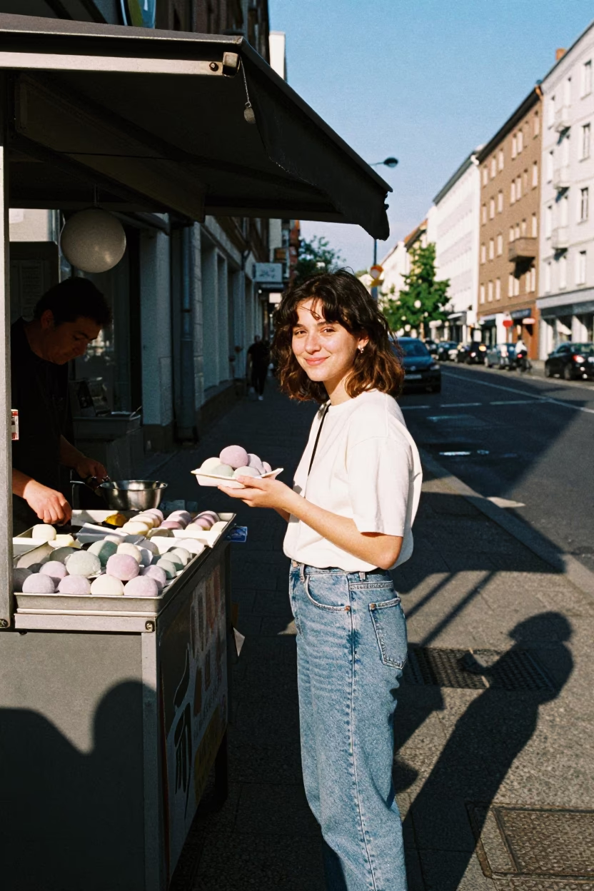 Late afternoon sunlight on Berlin street corner with mochi tray and bicycle in in Berlin, Germany
