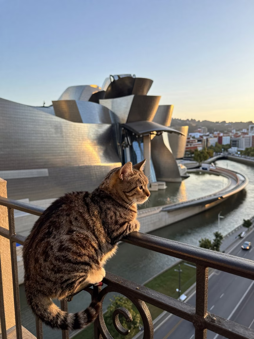 Late Afternoon Sunlight on Bilbao Balcony with Tabby Cat and Porcelain in in Bilbao, Spain