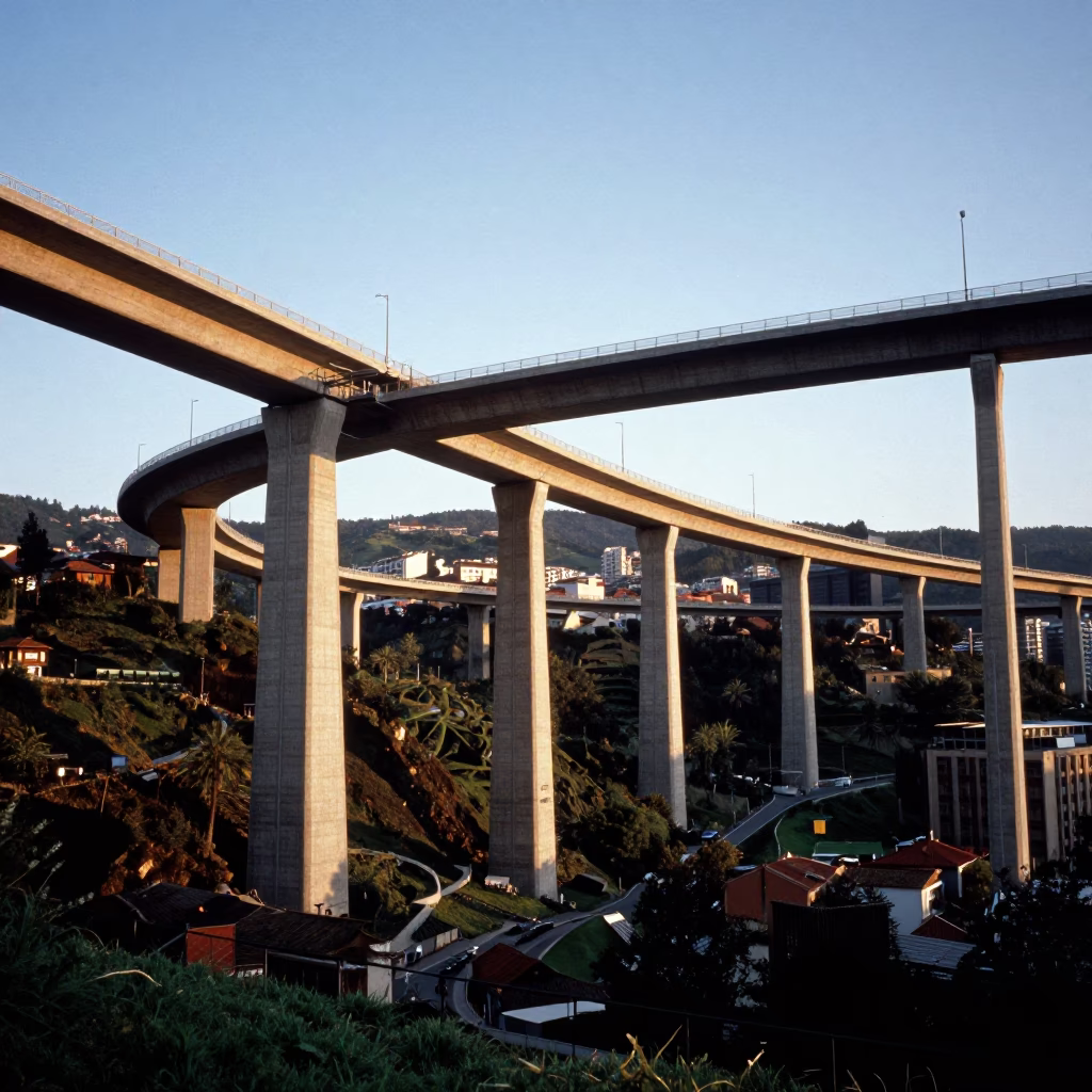 Late afternoon sunlight on Bilbao concrete viaduct curving across valley floor with distant cityscape in in Bilbao, Spain