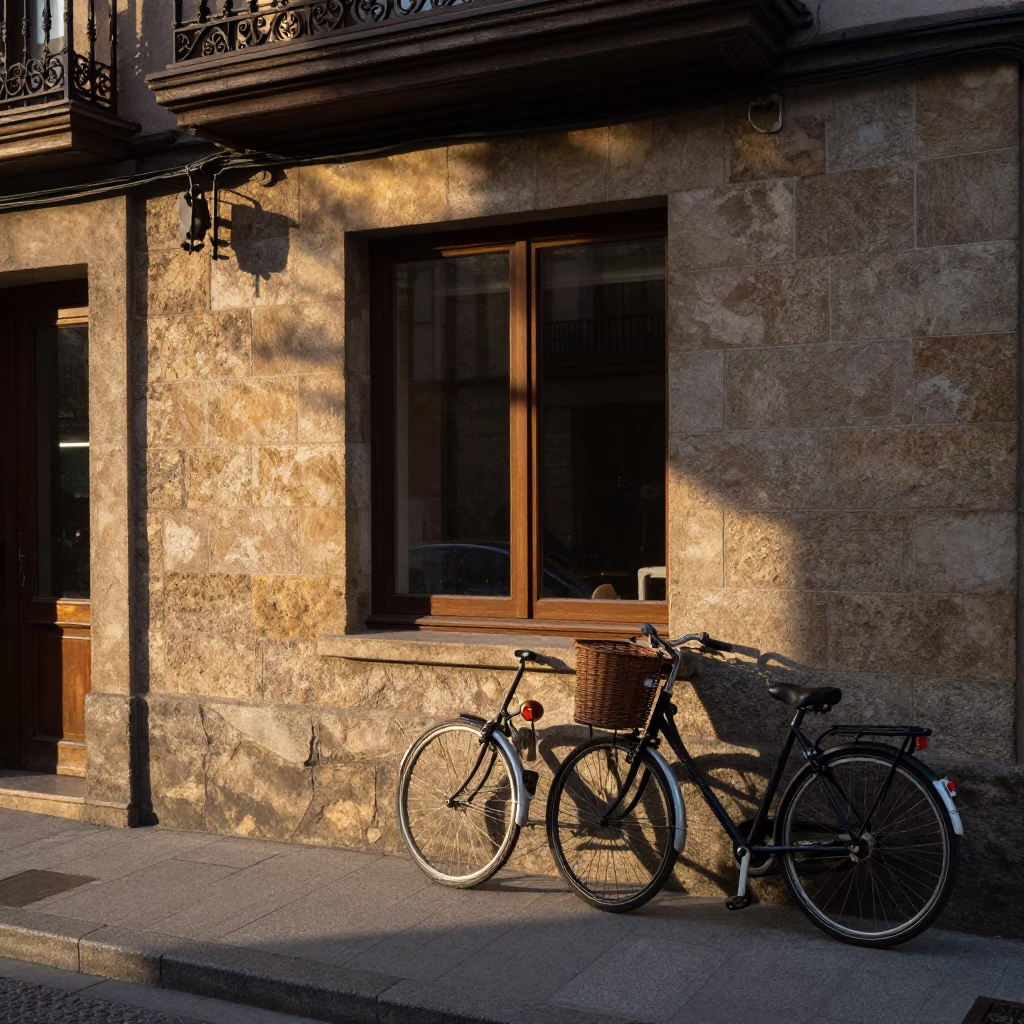 Late Afternoon Sunlight on Bilbao Street with Bicycle Basket and Tram in in Bilbao, Spain