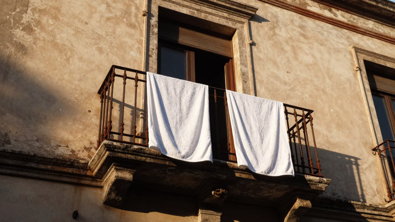 Late Afternoon Sunlight on Buenos Aires Colonial Balcony with Hanging Towels and Street View in in Buenos Aires, Argentina