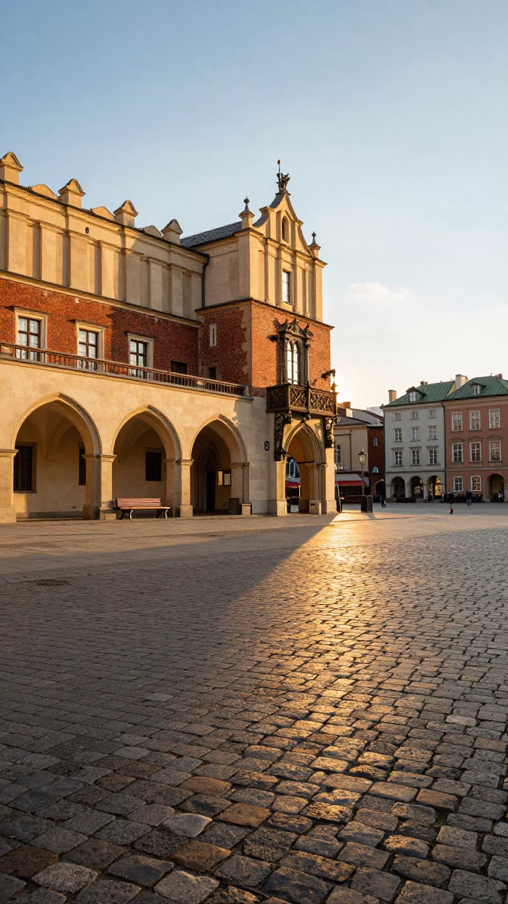 Late Afternoon Sunlight on Cobblestones Near Main Market Square in Krakow Poland in in Krakow, Poland