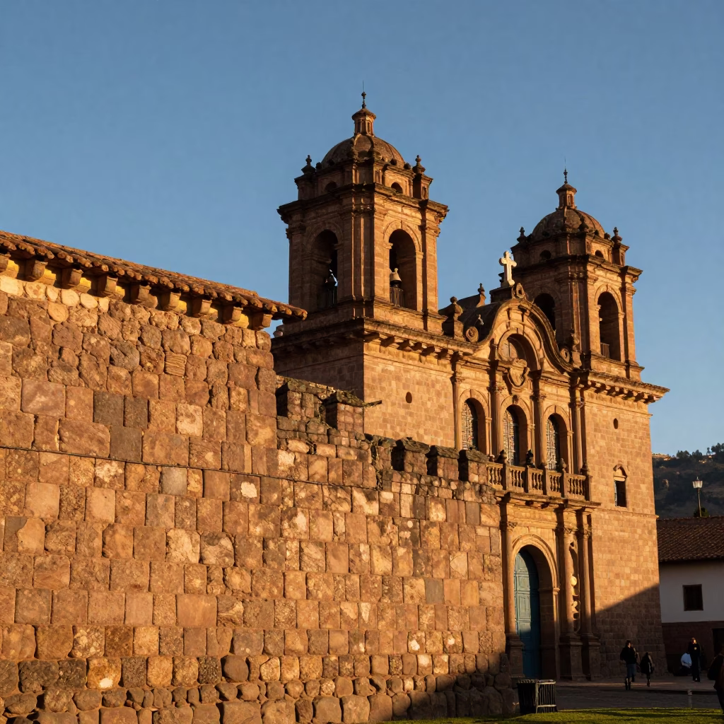 Late Afternoon Sunlight on Colonial Cusco Stone Walls and Street Life in Peru in in Cusco, Peru