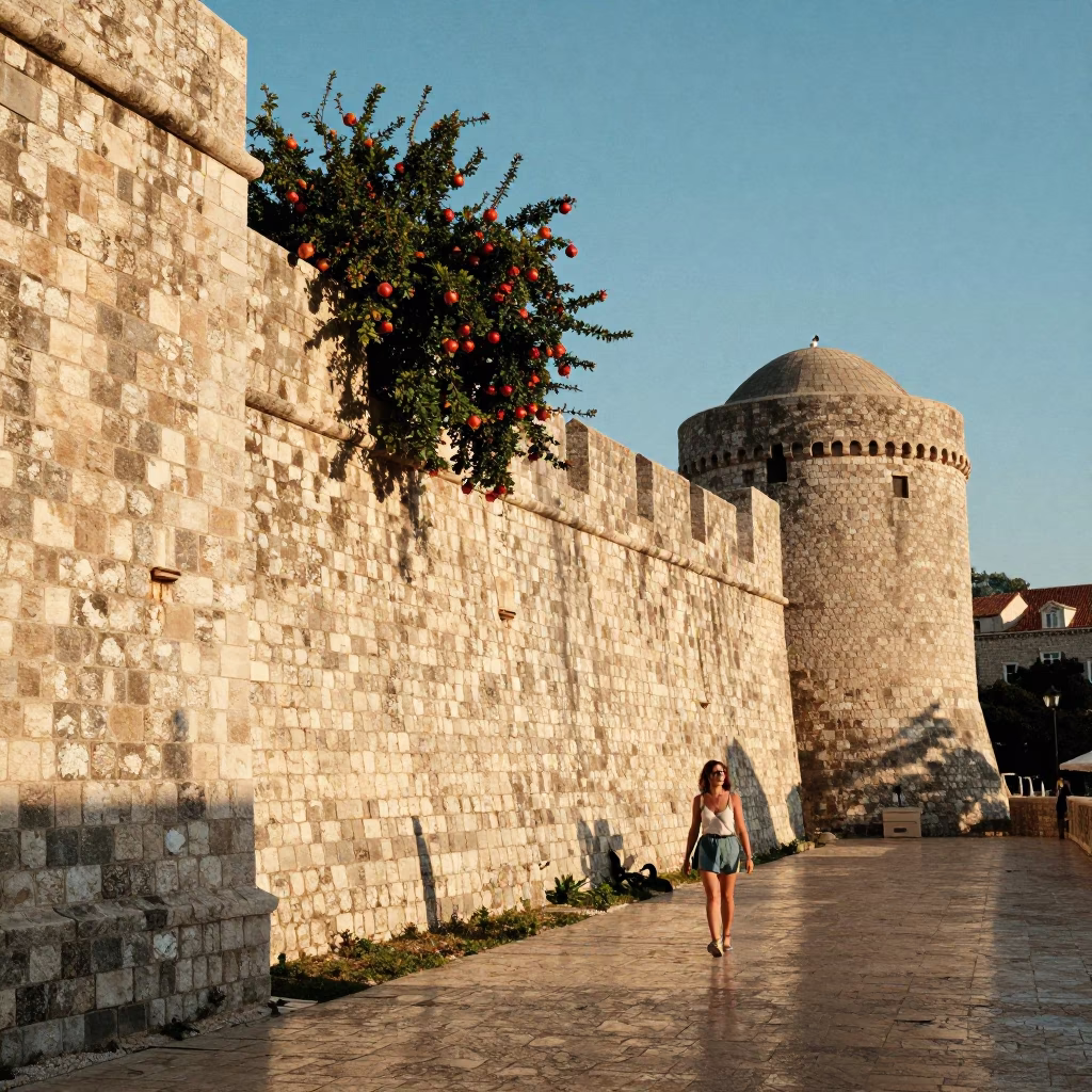 Late Afternoon Sunlight on Dubrovnik Stone Walls with Pomegranate and Traditional Life in in Dubrovnik, Croatia