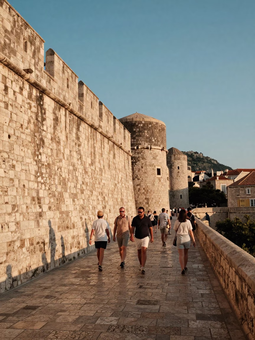 Late Afternoon Sunlight on Dubrovnik Stone Walls with Tourists and Coastal Views in in Dubrovnik, Croatia