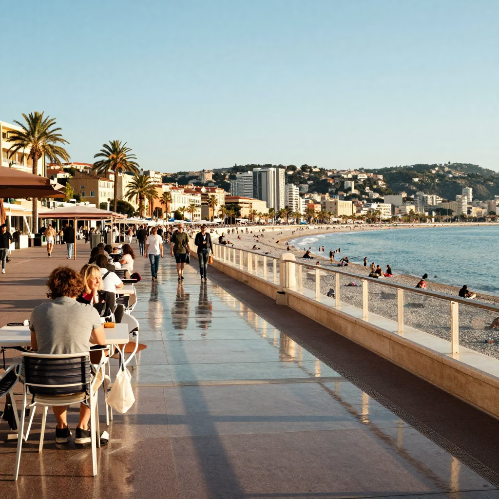 Late Afternoon Sunlight on French Riviera Terrace with Window Reflections in Nice France in in Nice, France