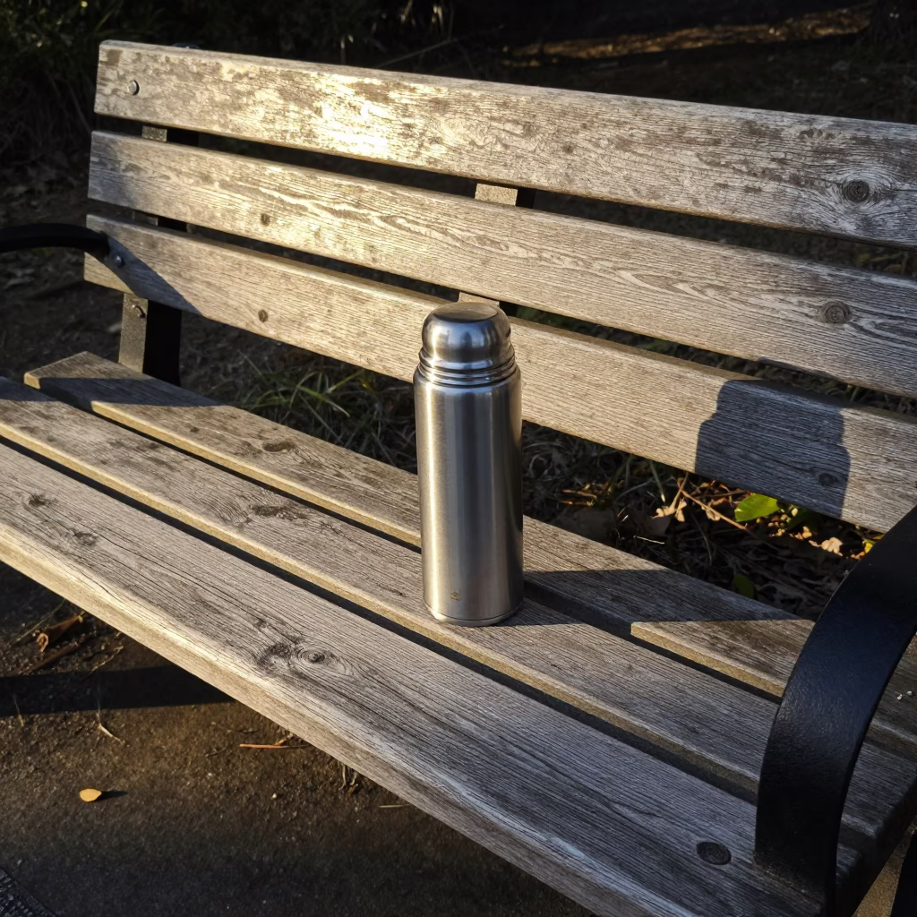 Late Afternoon Sunlight on Fukuoka Bench with Thermos and Dust Brush in in Fukuoka, Japan