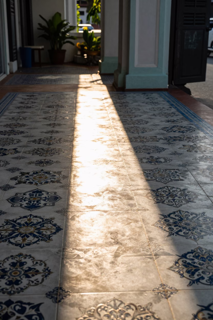 Late Afternoon Sunlight on George Town Peranakan Tile Floor with Brass Doorknob in in George Town, Malaysia