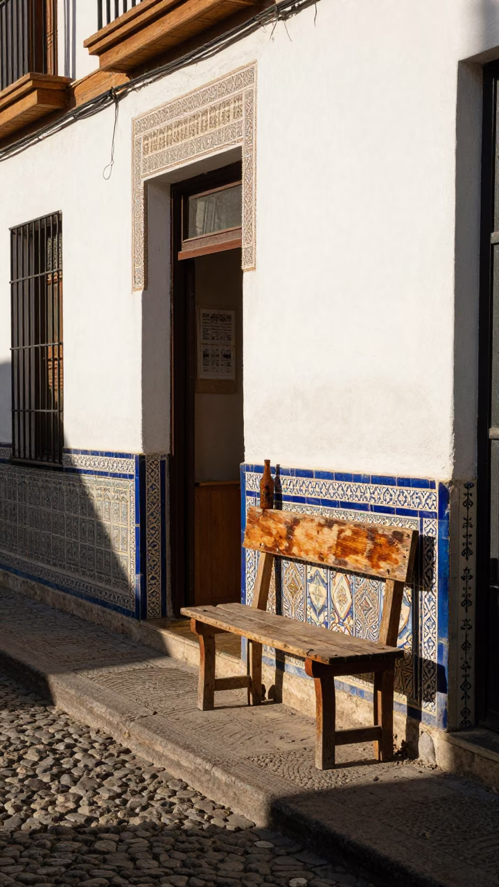 Late Afternoon Sunlight on Granada Street with Rusty Bottle and Houseplant in in Granada, Spain
