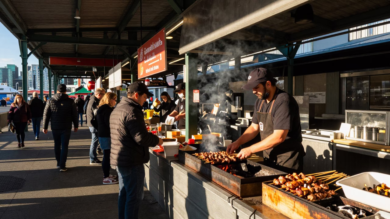 Late Afternoon Sunlight on Granville Island Public Market Street Food Vendor Grilling Kebabs in in Vancouver, British Columbia, Canada