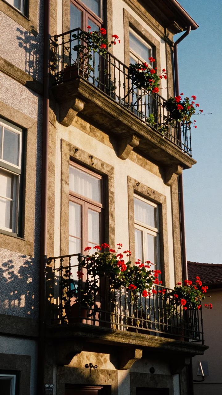 Late Afternoon Sunlight on Historic Porto Stone Balconies with Raspberries and Leaf Shadows in in Porto, Portugal