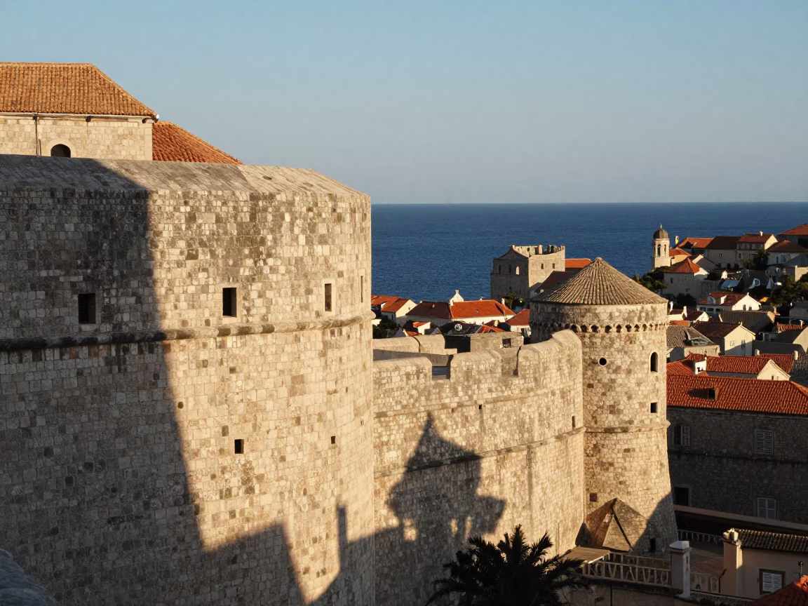 Late afternoon sunlight on historic stone walls and harbor in Dubrovnik Croatia in in Dubrovnik, Croatia
