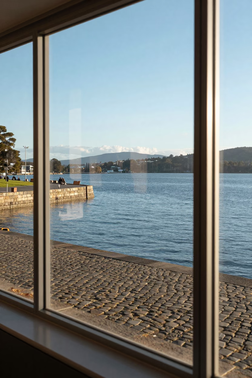 Late Afternoon Sunlight on Hobart Waterfront with Smudged Window Glass and Distant Boats in in Hobart, Tasmania, Australia