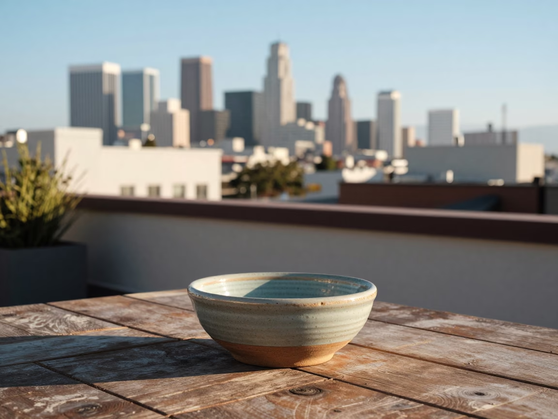 Late Afternoon Sunlight on Los Angeles Rooftop with Key Bowl and Grater in in Los Angeles, California, United States