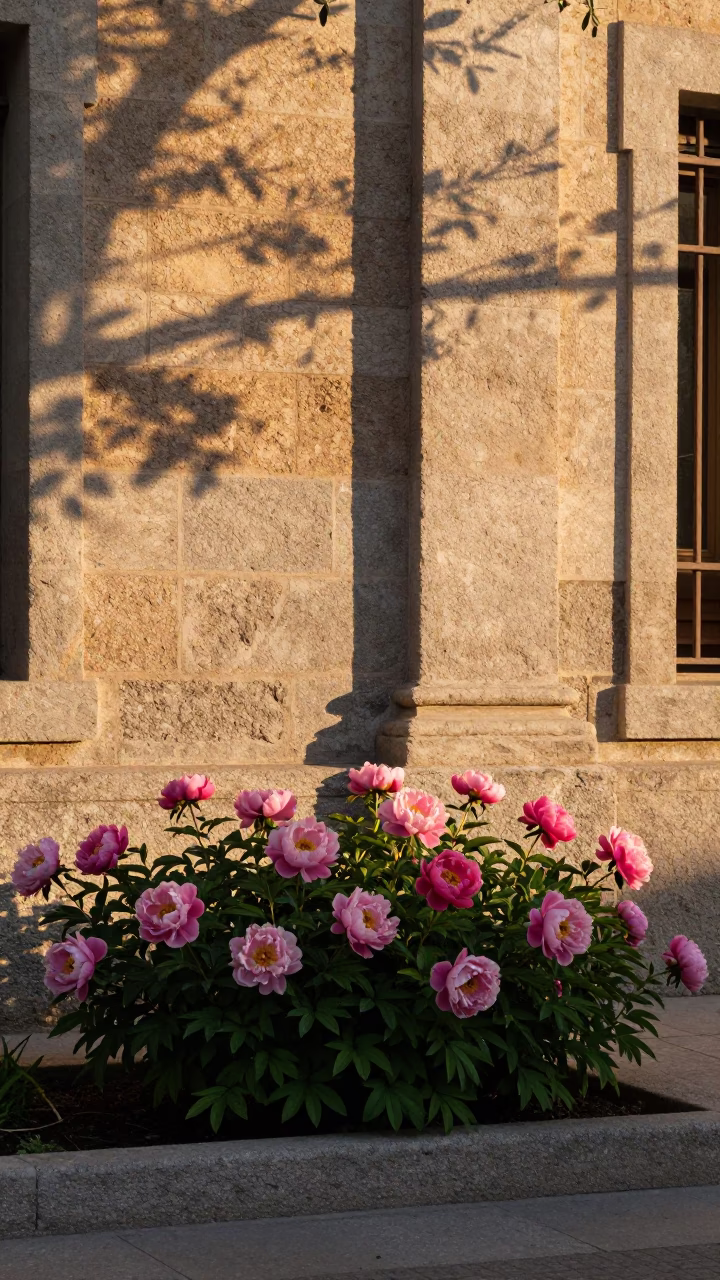 Late Afternoon Sunlight on Madrid Street with Peonies and Leaf Shadows in in Madrid, Spain