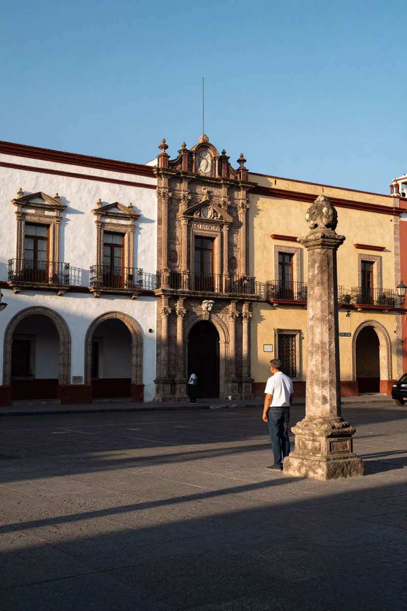 Late Afternoon Sunlight on Merida Mexico Plaza Street Scene with Colonial Architecture in in Merida, Mexico