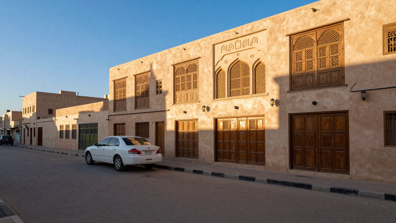 Late afternoon sunlight on Muscat Omani street with traditional architecture and daily life in in Muscat, Oman