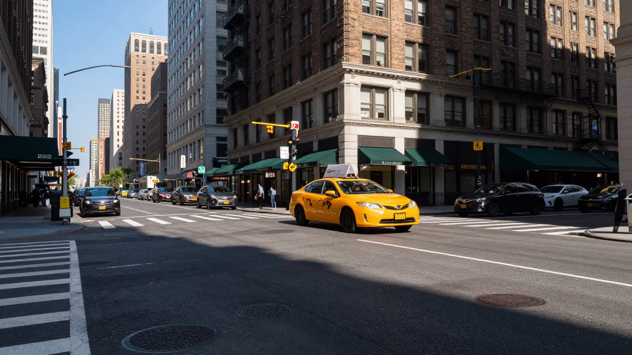 Late Afternoon Sunlight on New York City Street Corner with Urban Details in in New York, New York, United States