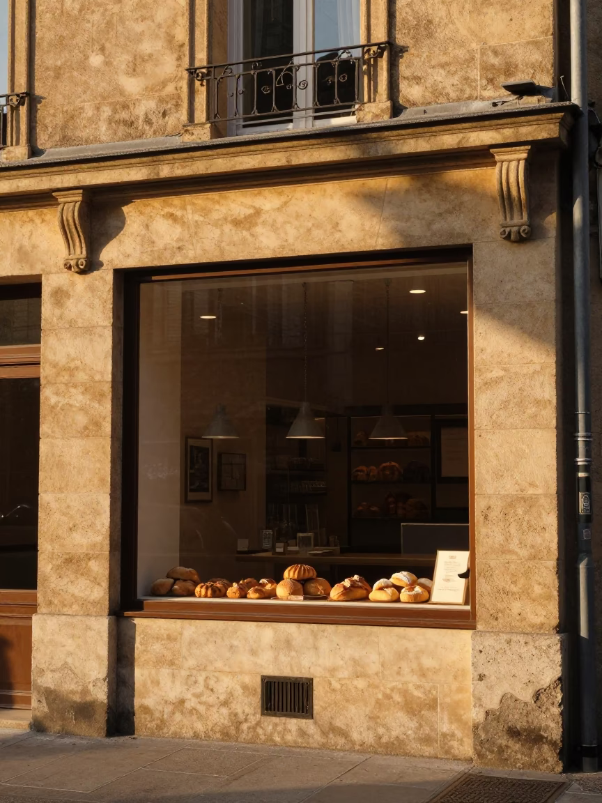 Late Afternoon Sunlight on Nice Bakery Window with Fresh Bread Loaves in in Nice, France