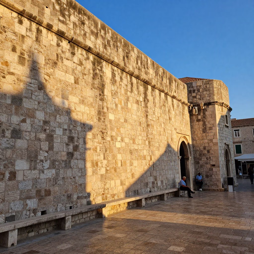 Late Afternoon Sunlight on Old Town Stone Wall with Woven Baskets in in Dubrovnik, Croatia