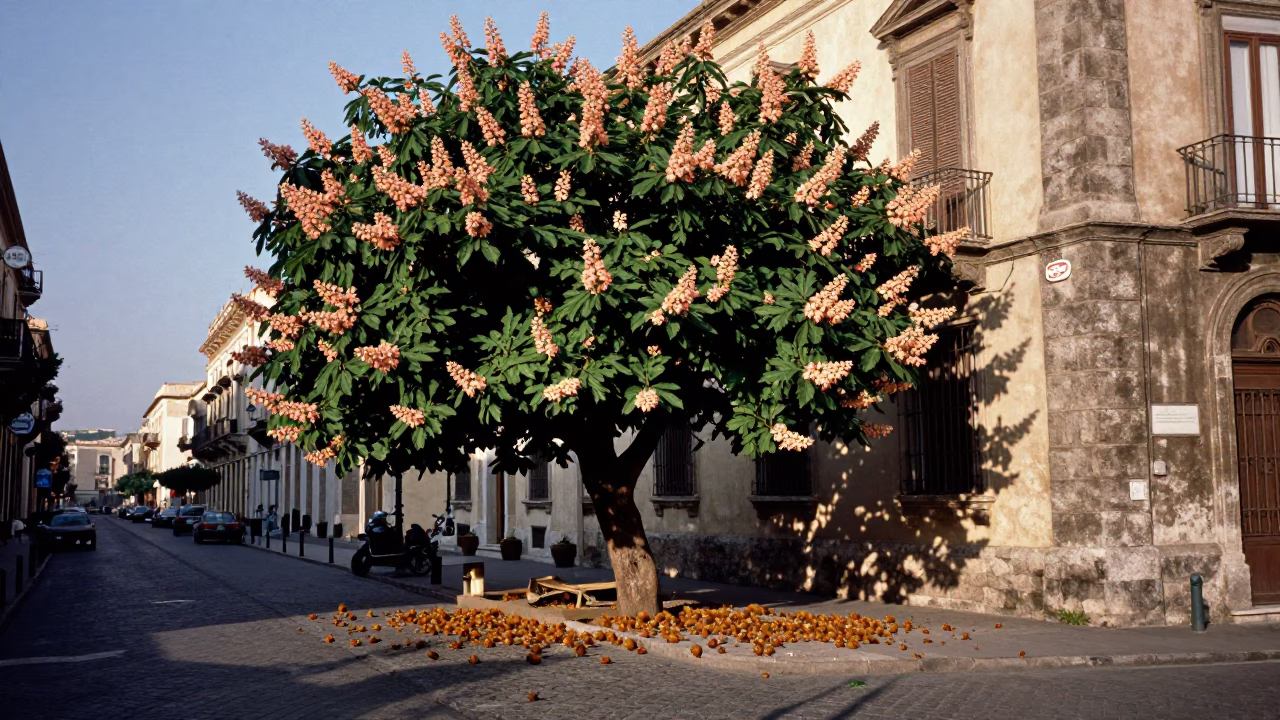 Late Afternoon Sunlight on Palermo Street with Chestnut Tree and Local Pedestrians in in Palermo, Italy