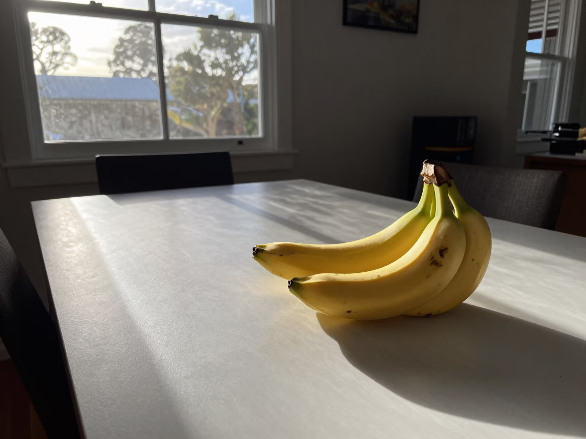 Late Afternoon Sunlight on Perth Dining Table with Bananas and Kitchen Details in in Perth, Western Australia, Australia