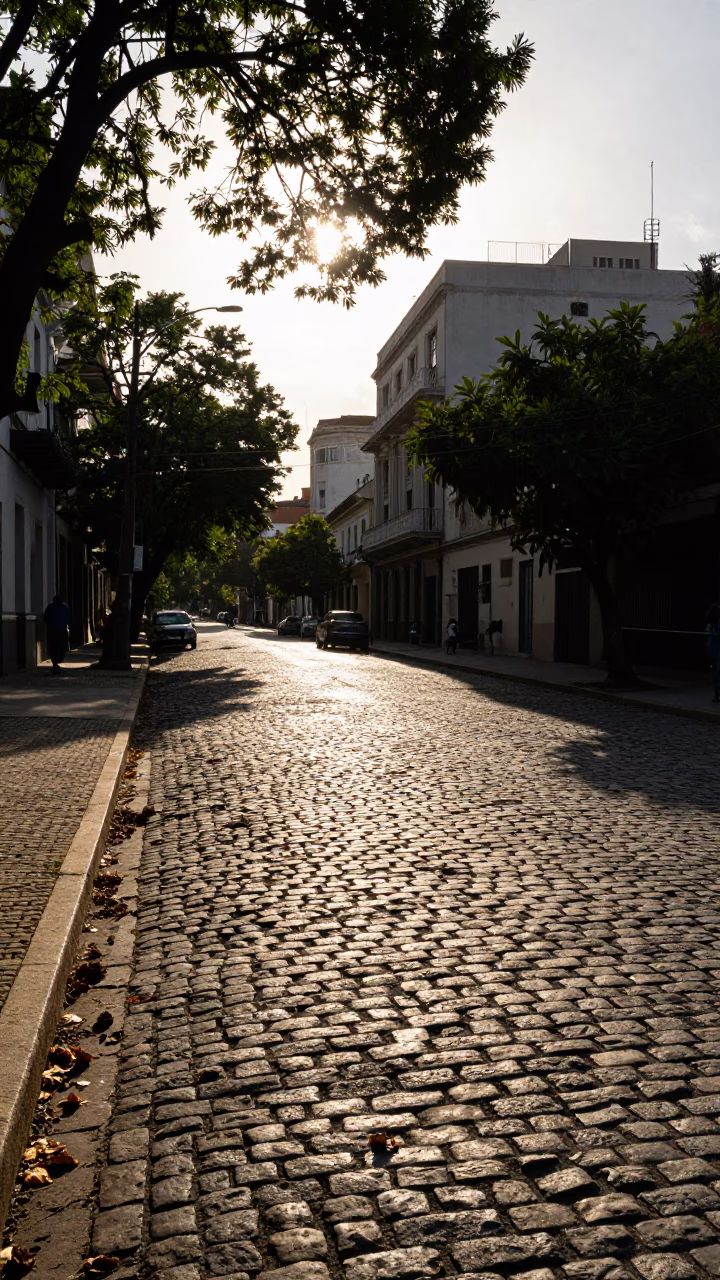 Late Afternoon Sunlight on Recoleta Cobblestones and Leaf Shadows in Buenos Aires in in Buenos Aires, Argentina