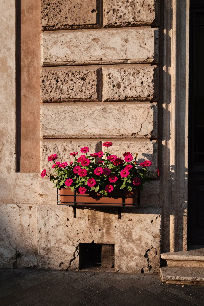 Late Afternoon Sunlight on Rome Street Corner with Zinnia Planter and Window Reflection in in Rome, Italy