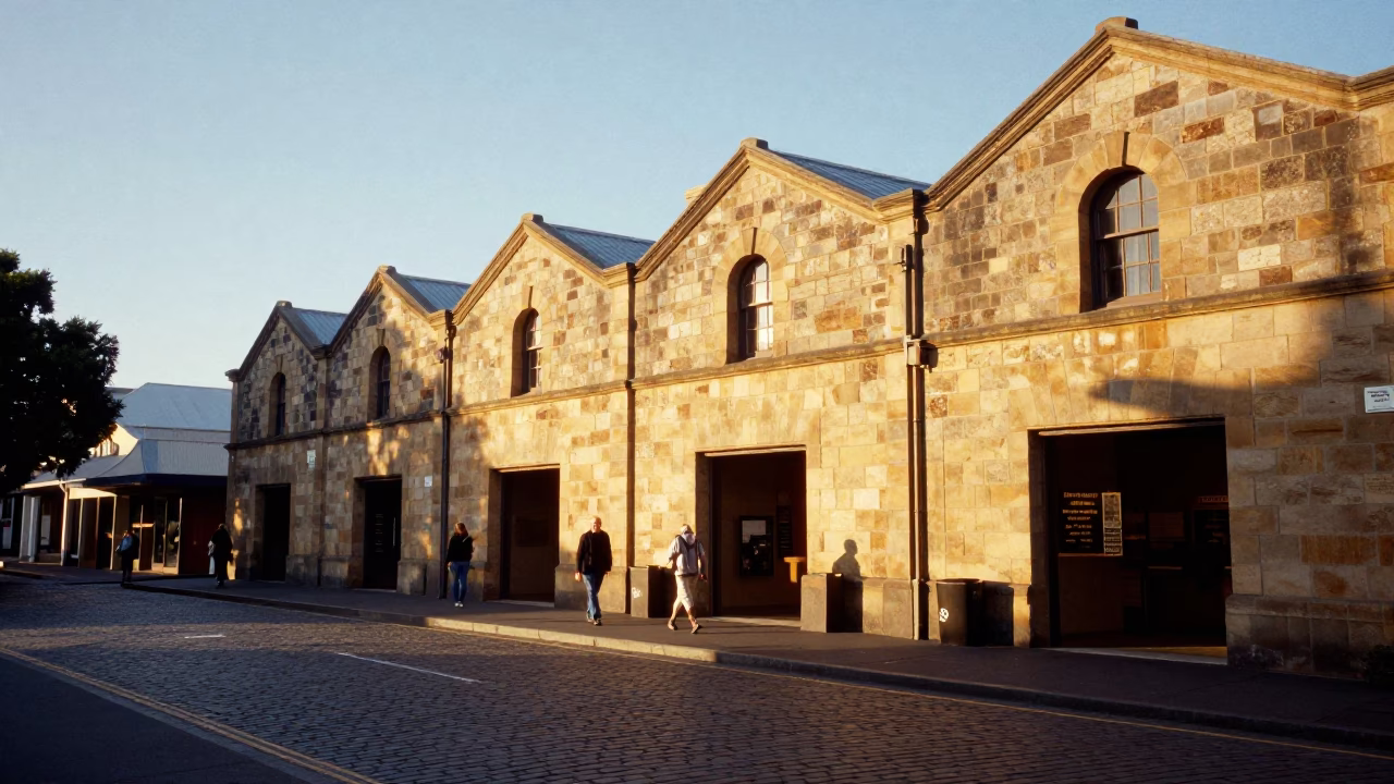 Late Afternoon Sunlight on Salamanca Place Hobart Tasmania Street Scene in in Hobart, Tasmania, Australia