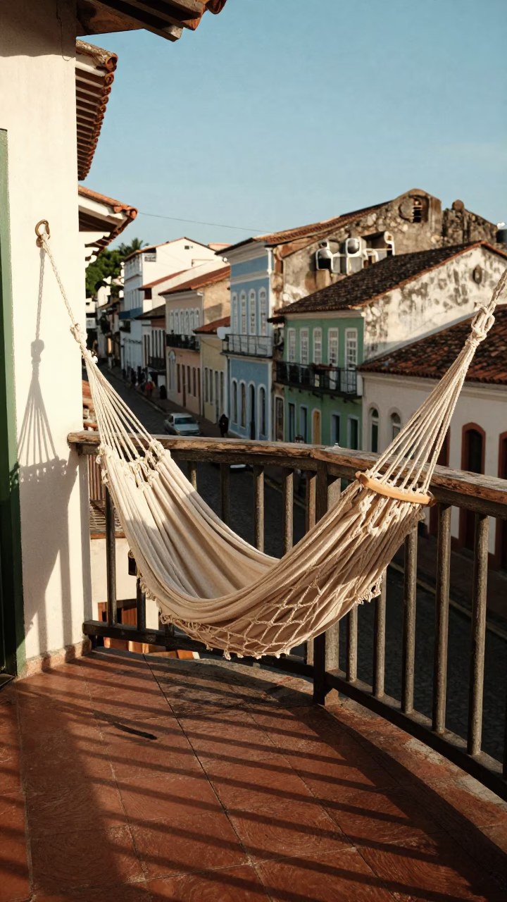 Late Afternoon Sunlight on Salvador Brazil Balcony with Hammock and Blue Porcelain in in Salvador, Brazil