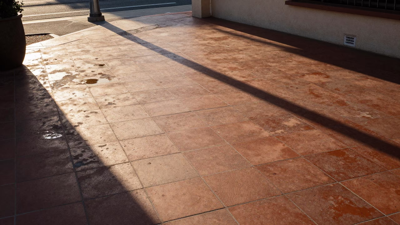 Late Afternoon Sunlight on San Diego Tiled Patio with Water Rings and Kelp Holdfast in in San Diego, California, United States