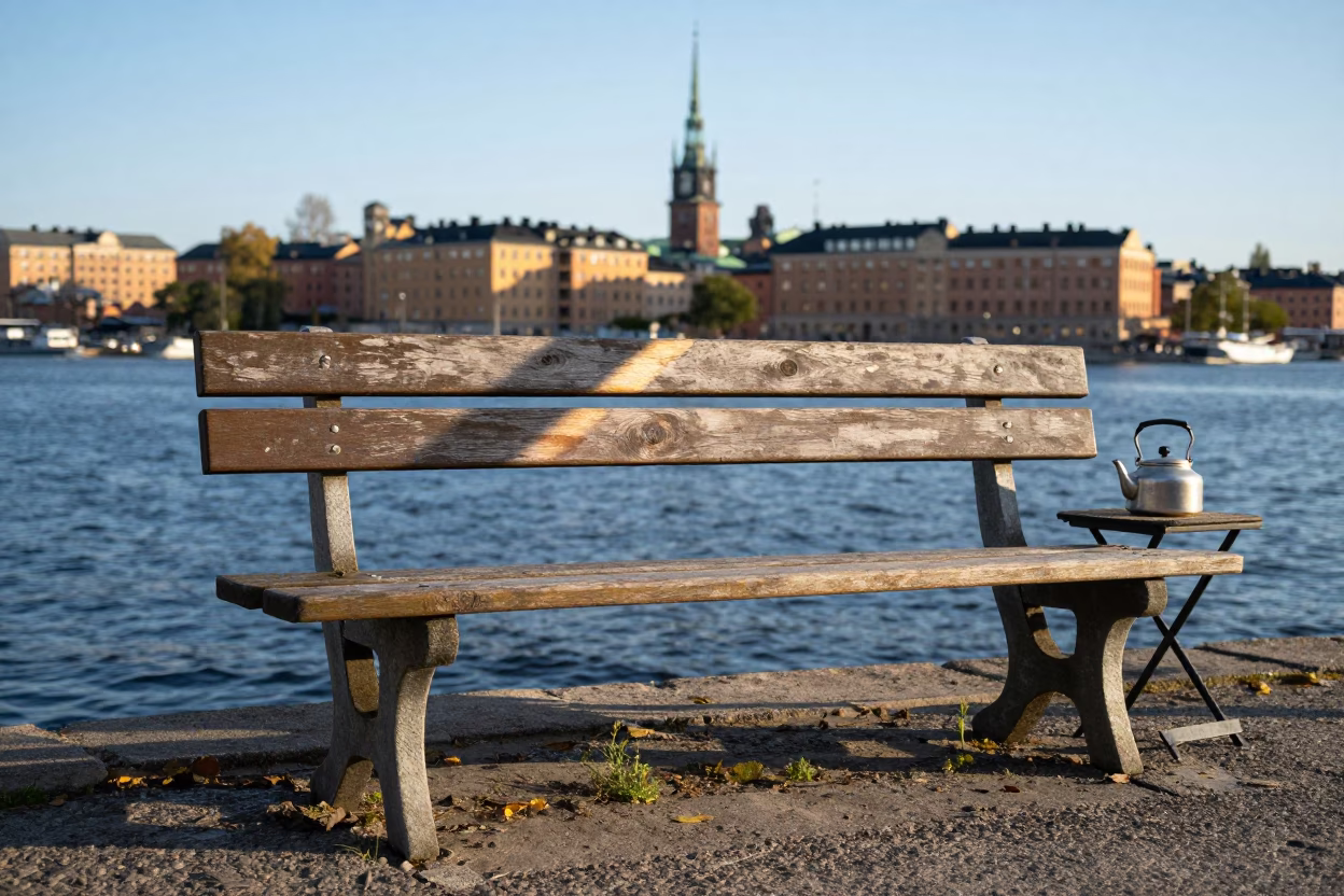 Late Afternoon Sunlight on Stockholm Wooden Bench Near Waterfront with Tea Kettle and Glass in in Stockholm, Sweden