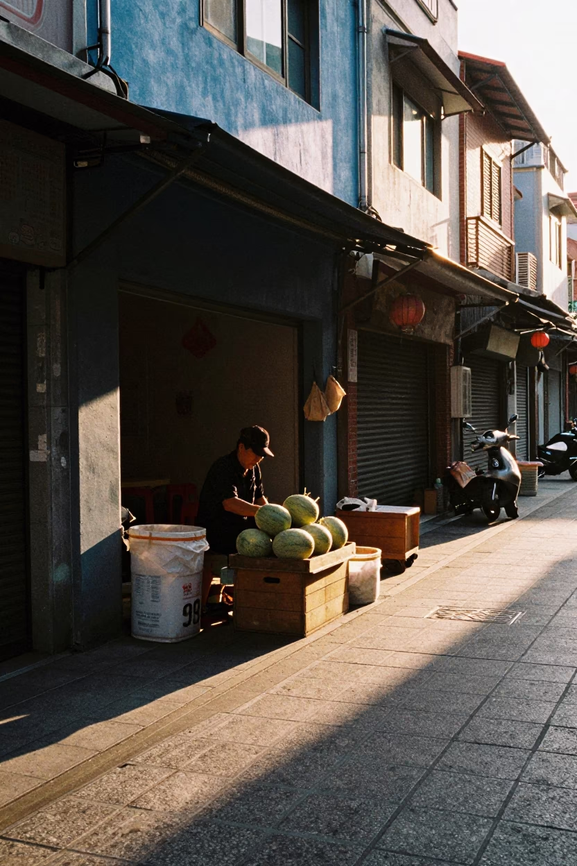 Late Afternoon Sunlight on Tainan Street with Blue and White Porcelain and Melons in in Tainan, Taiwan