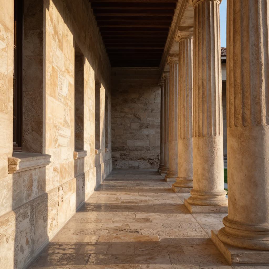 Late Afternoon Sunlight on University Cloister Walkway in Athens Greece Stone Architecture in in Athens, Greece