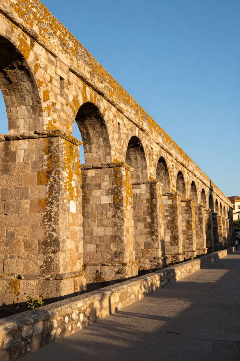 Late afternoon sunlight on Valencia aqueduct lichen parapets and urban maintenance path in in Valencia, Spain