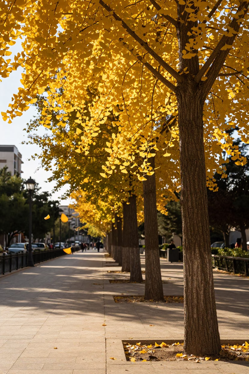Late Afternoon Sunlight on Valencia's Turia Park Pathway with Ginkgo Leaves in in Valencia, Spain