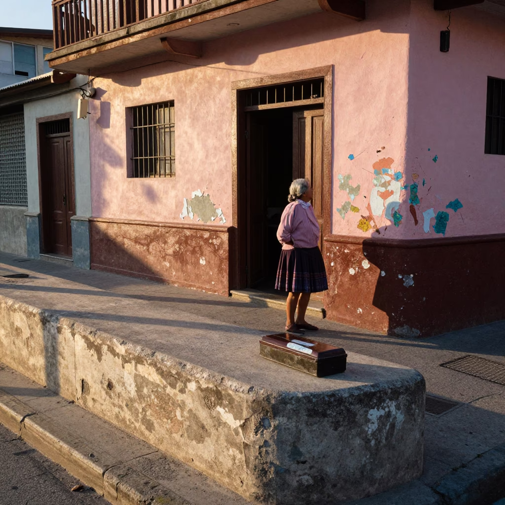 Late Afternoon Sunlight on Valparaiso Chile Street Corner with Hatbox and Pottery Shard in in Valparaiso, Chile