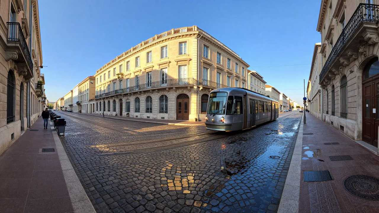 Late Afternoon Sunlight Over Nice France Cobblestone Streets and Tram Reflections in in Nice, France