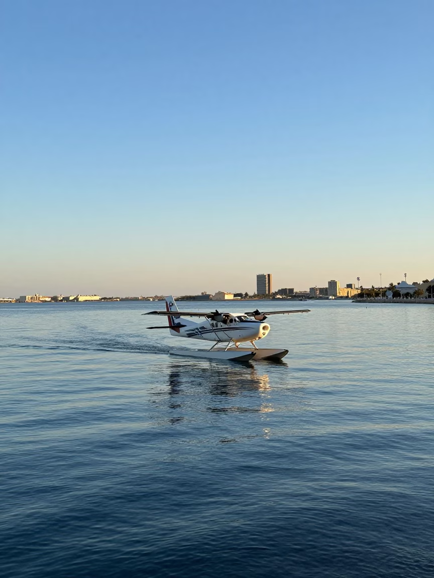 Late Afternoon Sunlight Over Valencia Spain Harbor with Seaplane Landing in in Valencia, Spain