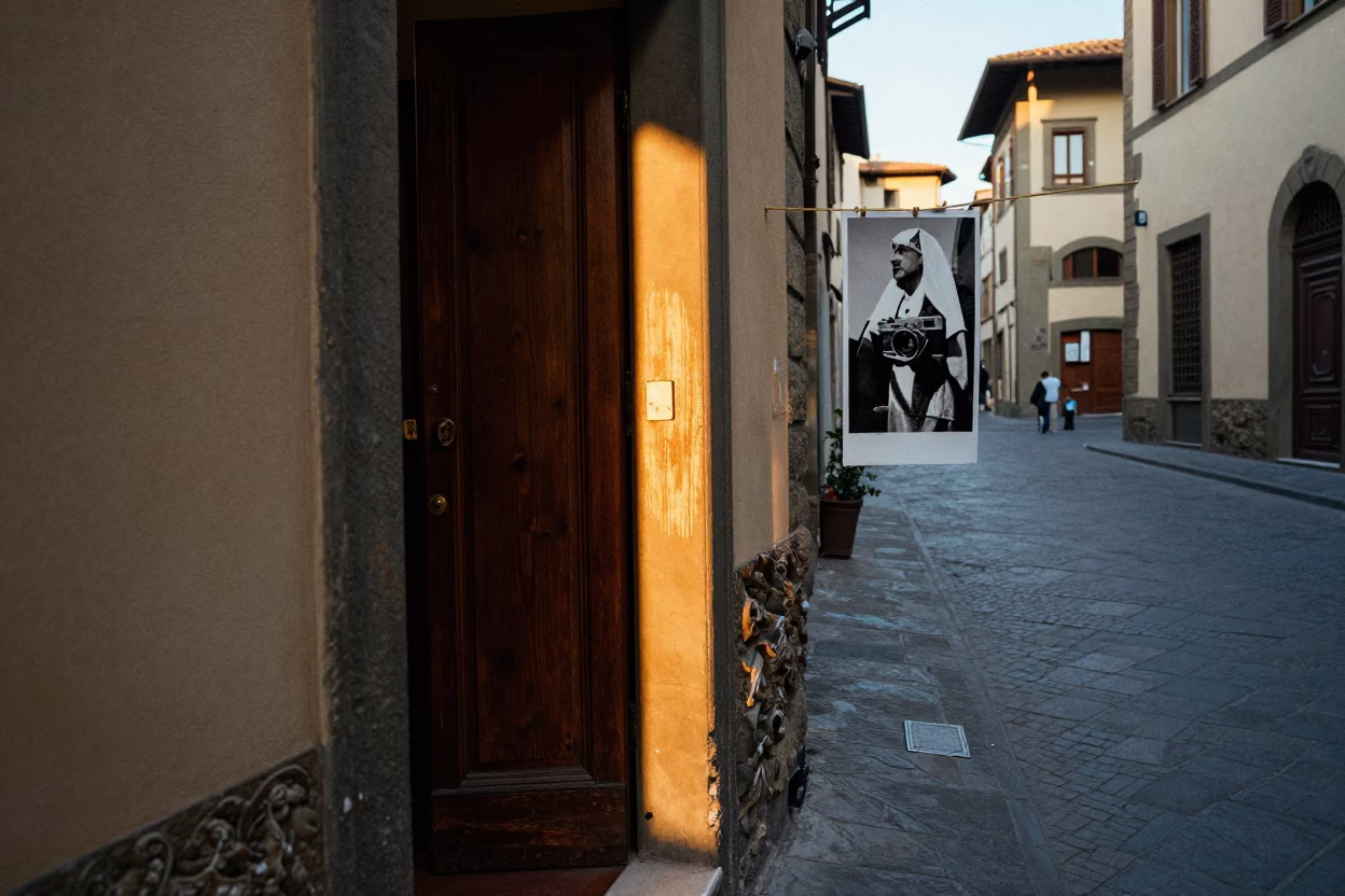 Late Afternoon Sunlight Striking Doorframe in Historic Florence Italy Street Scene in in Florence, Italy