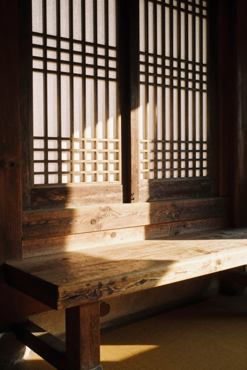 Late Afternoon Sunlight Striking Wooden Shelf in Traditional Seoul Hanok Interior in in Seoul, South Korea