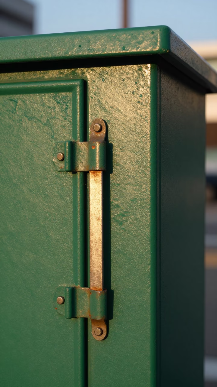 Late Afternoon Sunlight Stripes Across Metal Latch on Seoul South Korea Street Corner in in Seoul, South Korea